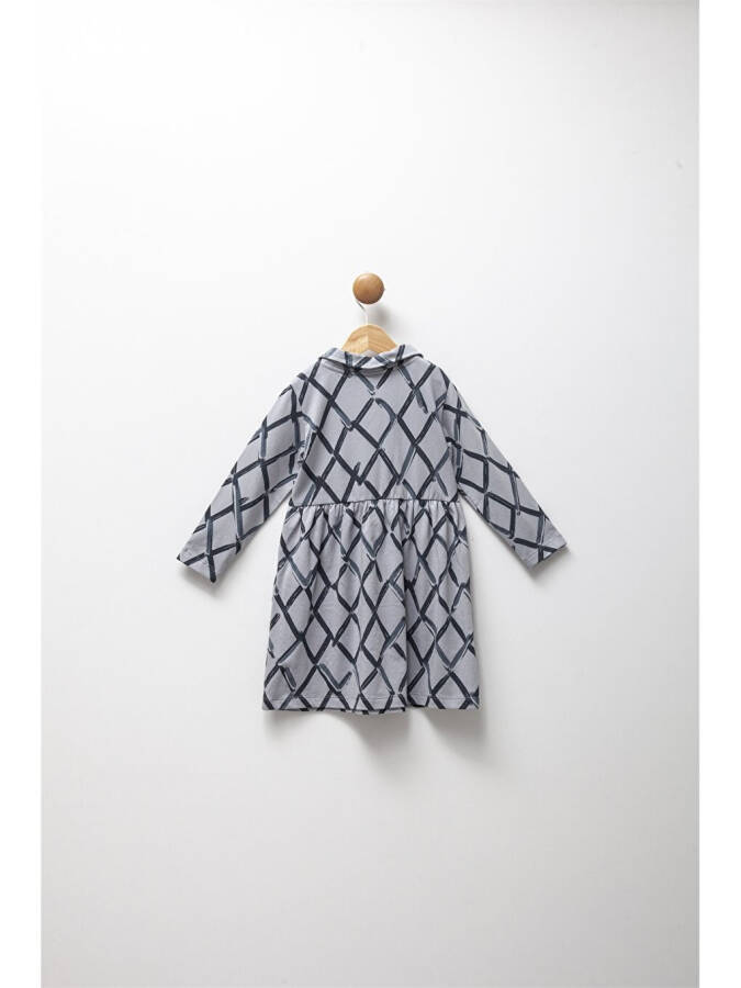 Gri Gömlek Yaka Uzun Kollu Baskılı Kız Çocuk Elbise-Gri - 5