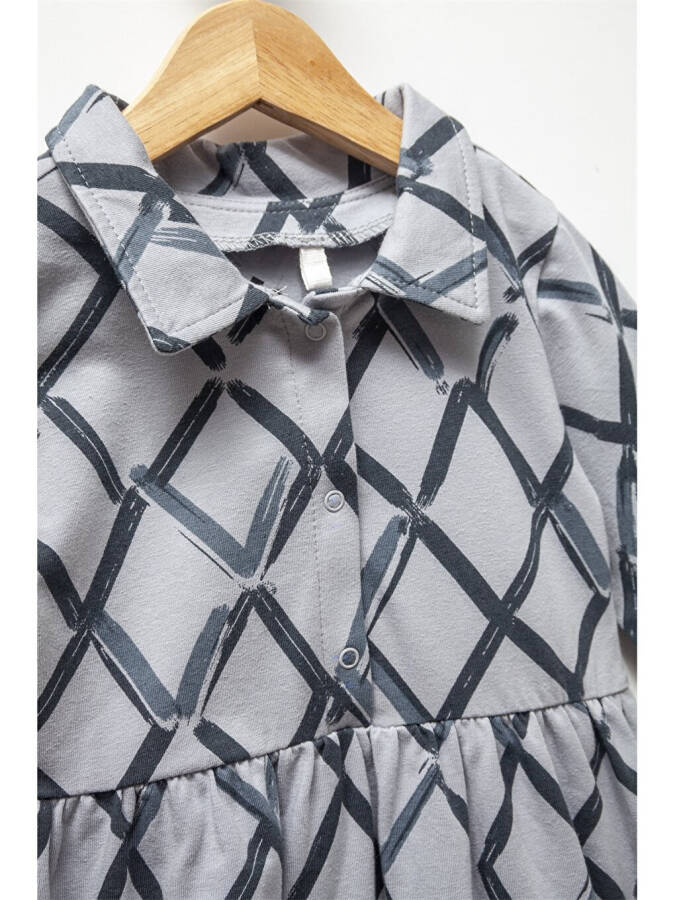 Gri Gömlek Yaka Uzun Kollu Baskılı Kız Çocuk Elbise-Gri - 6