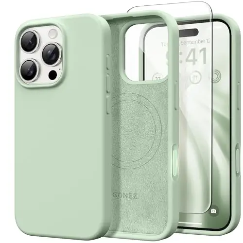 GONEZ Чехол для iPhone 16 Pro, [Совместим с MagSafe] Подкладка из микрофибры и защитная пленка, силиконовое управление камерой, ударопрочный тонкий чехол 6.3 дюйма, пастельно-зеленый - GONEZ