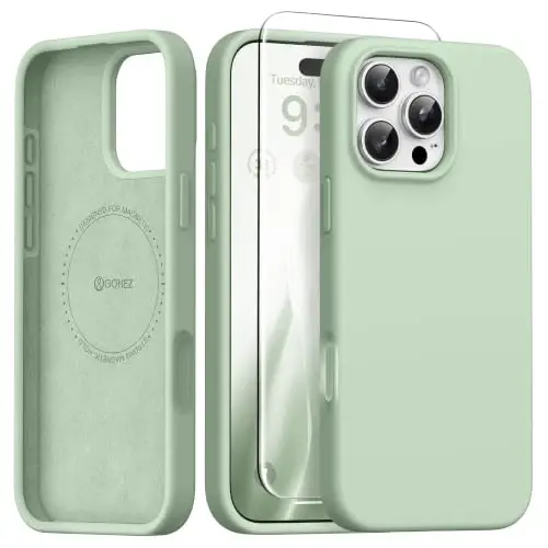 GONEZ Чехол для iPhone 16 Pro, [Совместим с MagSafe] Подкладка из микрофибры и защитная пленка, силиконовое управление камерой, ударопрочный тонкий чехол 6.3 дюйма, пастельно-зеленый 