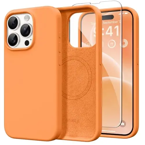 GONEZ Чехол с магнитом для iPhone 15 Pro, силиконовый оранжевый | Совместим с MagSafe, кнопкой камеры и защитным стеклом, подкладка из микрофибры, 3 слоя, мягкий гель, ударопрочный, тонкий 6,1 дюйма 