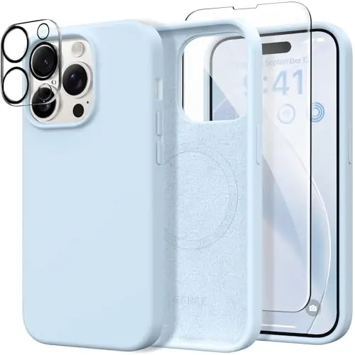 GONEZ для iPhone 14 Pro Max Силиконовый чехол, совместимый с MagSafe, с защитной пленкой для экрана + защитой объектива камеры, Жидкий силиконовый противоударный защитный чехол для телефона 14 ProMax 6.7