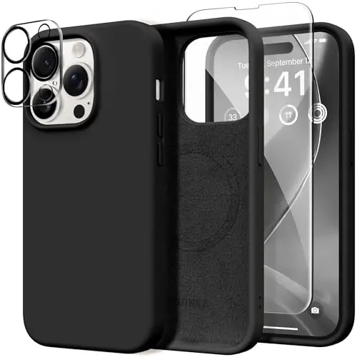 GONEZ for iPhone 14 Pro Case, Compatible with Magsafe, with Screen Protector + Camera Lens Protector, Soft Anti-Scratch Microfiber Lining, Shockproof Liquid Silicone Phone Cover, Black 