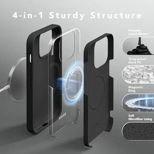 GONEZ for iPhone 14 Pro Case, Compatible with Magsafe, with Screen Protector + Camera Lens Protector, Soft Anti-Scratch Microfiber Lining, Shockproof Liquid Silicone Phone Cover, Black - 3