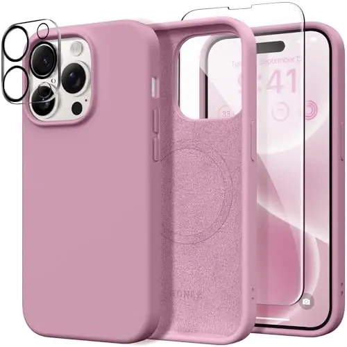 GONEZ for iPhone 14 Pro Case, Compatible with Magsafe, with Screen Protector + Camera Lens Protector, Soft Anti-Scratch Microfiber Lining, Shockproof Liquid Silicone Phone Cover, Blackcurrant - 1