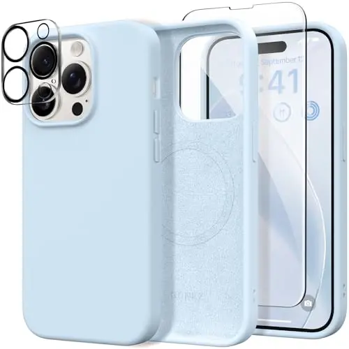 GONEZ for iPhone 14 Pro Case, Compatible with Magsafe, with Screen Protector + Camera Lens Protector, Soft Anti-Scratch Microfiber Lining, Shockproof Liquid Silicone Phone Cover, Blue - 1
