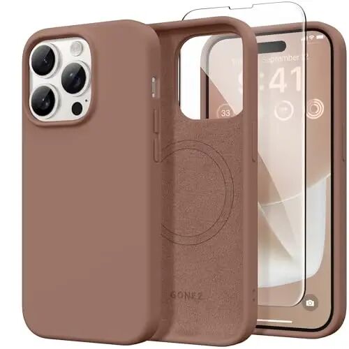 GONEZ Magnetic for iPhone 14 Pro Case, [Compatible with MagSafe] Anti-Scratch Microfiber Lining & Screen Protector, Shockproof Slim Phone Silicone Cover 6.1 inch, Brown | Compatible with MagSafe, Camera Button & Screen Protector, Microfiber Lining, 3 - GONEZ