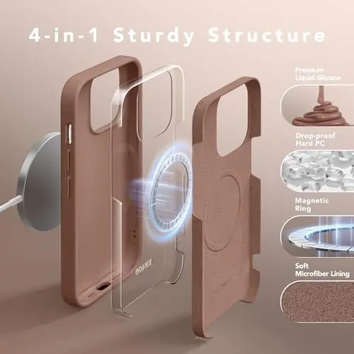 GONEZ Magnetic for iPhone 14 Pro Case, [Compatible with MagSafe] Anti-Scratch Microfiber Lining & Screen Protector, Shockproof Slim Phone Silicone Cover 6.1 inch, Brown | Compatible with MagSafe, Camera Button & Screen Protector, Microfiber Lining, 3 - 4