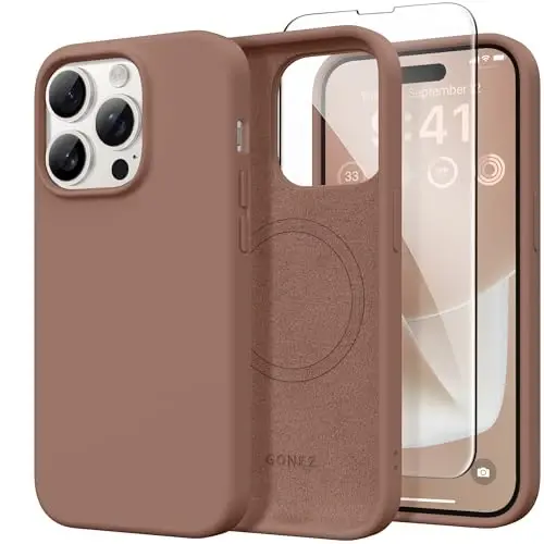 GONEZ Magnetic for iPhone 14 Pro Case, [Compatible with MagSafe] Anti-Scratch Microfiber Lining & Screen Protector, Shockproof Slim Phone Silicone Cover 6.1 inch, Brown | Compatible with MagSafe, Camera Button & Screen Protector, Microfiber Lining, 3 