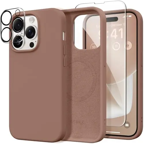 GONEZ for iPhone 14 Pro Case, Compatible with Magsafe, with Screen Protector + Camera Lens Protector, Soft Anti-Scratch Microfiber Lining, Shockproof Liquid Silicone Phone Cover, Brown - 1