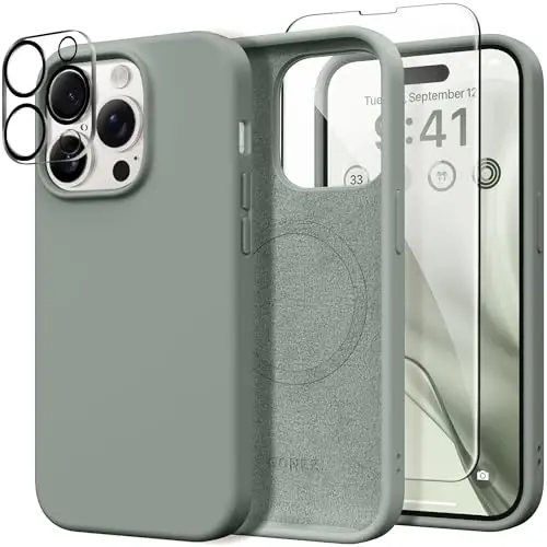 GONEZ for iPhone 14 Pro Case, Compatible with Magsafe, with Screen Protector + Camera Lens Protector, Soft Anti-Scratch Microfiber Lining, Shockproof Liquid Silicone Phone Cover, Calke Green 