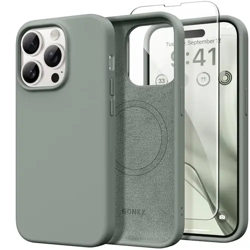 GONEZ Magnetic for iPhone 14 Pro Case, [Compatible with MagSafe] Anti-Scratch Microfiber Lining & Screen Protector, Shockproof Slim Phone Silicone Cover 6.1 inch, Calke Green 