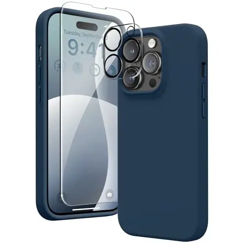 GONEZ for iPhone 14 Pro Case, Compatible with Magsafe, with Screen Protector + Camera Lens Protector, Soft Anti-Scratch Microfiber Lining, Shockproof Liquid Silicone Phone Cover, Dark Blue - GONEZ