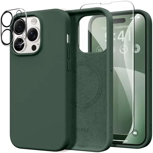 GONEZ for iPhone 14 Pro Case, Compatible with Magsafe, with Screen Protector + Camera Lens Protector, Soft Anti-Scratch Microfiber Lining, Shockproof Liquid Silicone Phone Cover, Dark Green - 1