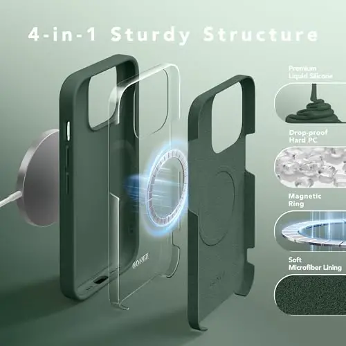 GONEZ for iPhone 14 Pro Case, Compatible with Magsafe, with Screen Protector + Camera Lens Protector, Soft Anti-Scratch Microfiber Lining, Shockproof Liquid Silicone Phone Cover, Dark Green - 3