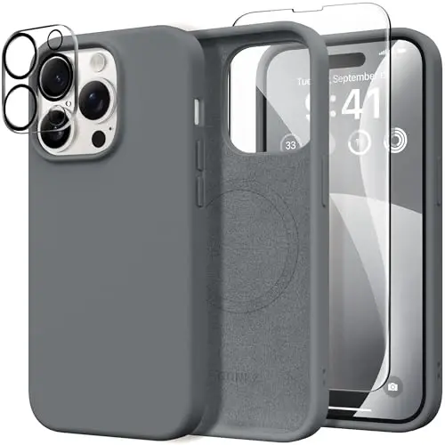 GONEZ for iPhone 14 Pro Case, Compatible with Magsafe, with Screen Protector + Camera Lens Protector, Soft Anti-Scratch Microfiber Lining, Shockproof Liquid Silicone Phone Cover, Dark Grey - GONEZ