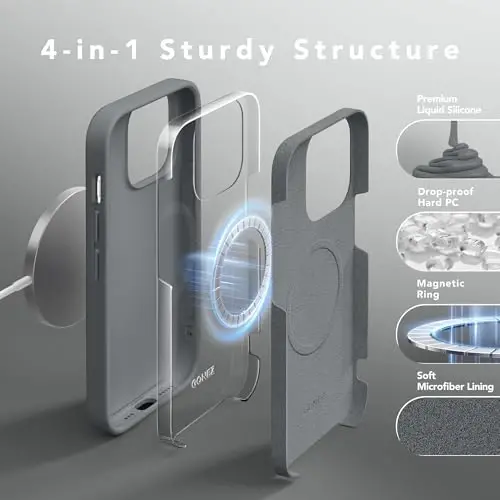 GONEZ for iPhone 14 Pro Case, Compatible with Magsafe, with Screen Protector + Camera Lens Protector, Soft Anti-Scratch Microfiber Lining, Shockproof Liquid Silicone Phone Cover, Dark Grey - 3