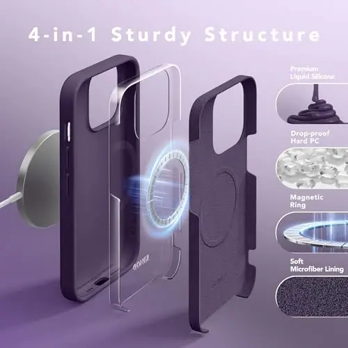 GONEZ for iPhone 14 Pro Case, Compatible with Magsafe, with Screen Protector + Camera Lens Protector, Soft Anti-Scratch Microfiber Lining, Shockproof Liquid Silicone Phone Cover, Deep Purple - 3