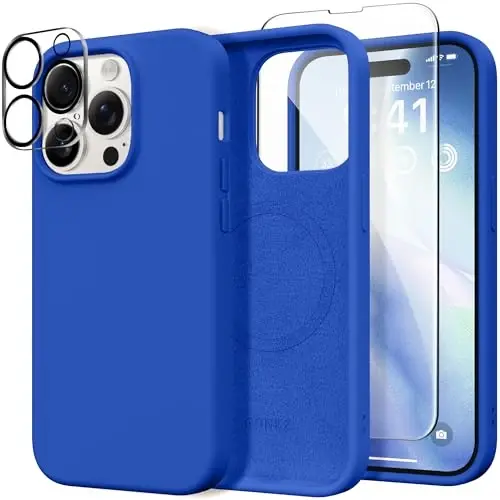 GONEZ for iPhone 14 Pro Case, Compatible with Magsafe, with Screen Protector + Camera Lens Protector, Soft Anti-Scratch Microfiber Lining, Shockproof Liquid Silicone Phone Cover, Klein Blue 