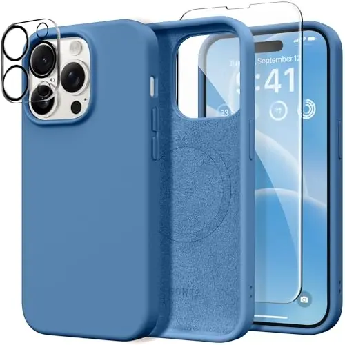 GONEZ for iPhone 14 Pro Case, Compatible with Magsafe, with Screen Protector + Camera Lens Protector, Soft Anti-Scratch Microfiber Lining, Shockproof Liquid Silicone Phone Cover, Lake Blue 