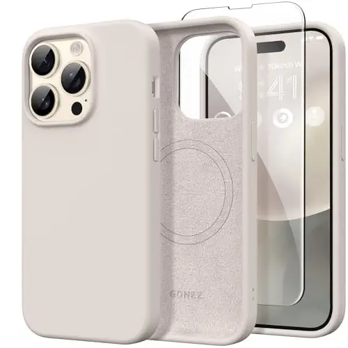 GONEZ for iPhone 14 Pro Case, Compatible with Magsafe, with Screen Protector + Camera Lens Protector, Soft Anti-Scratch Microfiber Lining, Shockproof Liquid Silicone Phone Cover, Stone - 1