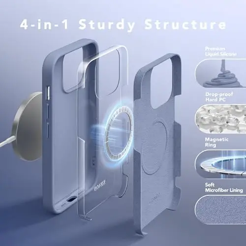 GONEZ for iPhone 14 Pro Case, Compatible with Magsafe, with Screen Protector + Camera Lens Protector, Soft Anti-Scratch Microfiber Lining, Shockproof Liquid Silicone Phone Cover, Lavender Gray - 3