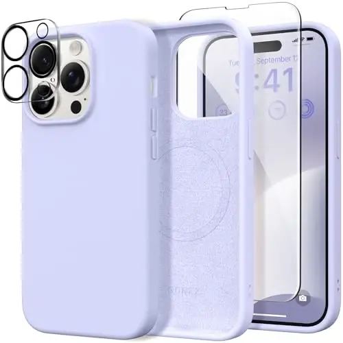 GONEZ for iPhone 14 Pro Case, Compatible with Magsafe, with Screen Protector + Camera Lens Protector, Soft Anti-Scratch Microfiber Lining, Shockproof Liquid Silicone Phone Cover, Lilac - GONEZ