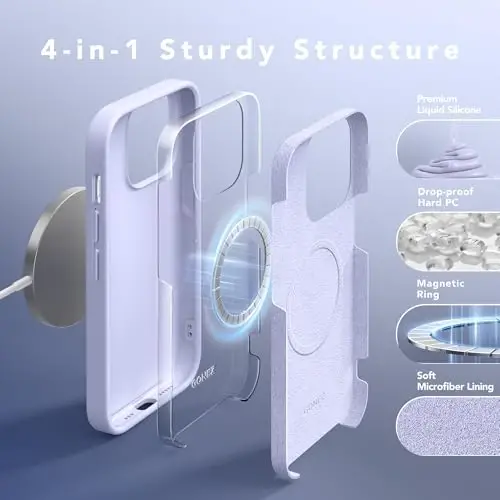 GONEZ for iPhone 14 Pro Case, Compatible with Magsafe, with Screen Protector + Camera Lens Protector, Soft Anti-Scratch Microfiber Lining, Shockproof Liquid Silicone Phone Cover, Lilac - 3