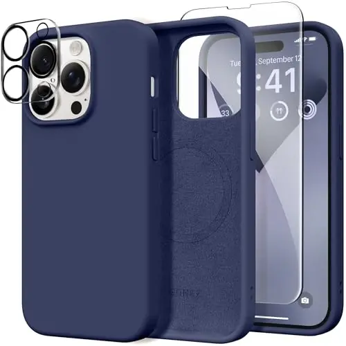 GONEZ for iPhone 14 Pro Case, Compatible with Magsafe, with Screen Protector + Camera Lens Protector, Soft Anti-Scratch Microfiber Lining, Shockproof Liquid Silicone Phone Cover, Midnight Blue - 1