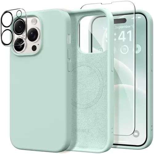 GONEZ for iPhone 14 Pro Case, Compatible with Magsafe, with Screen Protector + Camera Lens Protector, Soft Anti-Scratch Microfiber Lining, Shockproof Liquid Silicone Phone Cover, Mint Green - 1