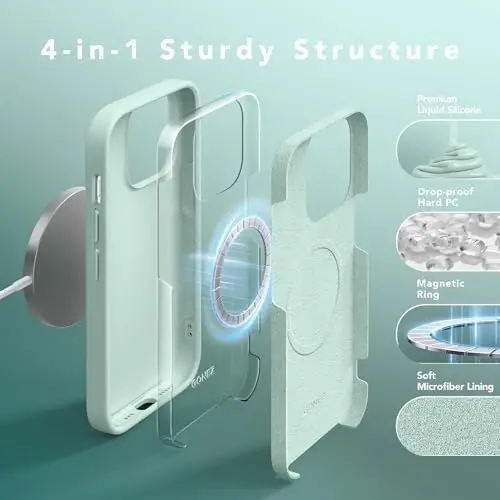 GONEZ for iPhone 14 Pro Case, Compatible with Magsafe, with Screen Protector + Camera Lens Protector, Soft Anti-Scratch Microfiber Lining, Shockproof Liquid Silicone Phone Cover, Mint Green - 3