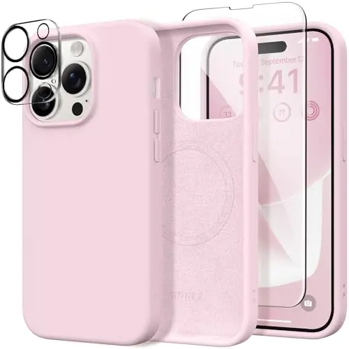 GONEZ for iPhone 14 Pro Case, Compatible with Magsafe, with Screen Protector + Camera Lens Protector, Soft Anti-Scratch Microfiber Lining, Shockproof Liquid Silicone Phone Cover, Pastel Pink - GONEZ