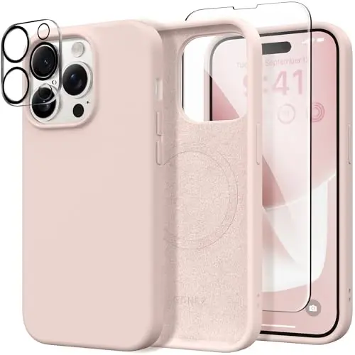 GONEZ for iPhone 14 Pro Case, Compatible with Magsafe, with Screen Protector + Camera Lens Protector, Soft Anti-Scratch Microfiber Lining, Shockproof Liquid Silicone Phone Cover, Pink - 1