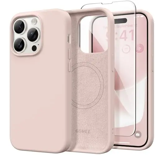 GONEZ Magnetic for iPhone 14 Pro Case, [Compatible with MagSafe] Anti-Scratch Microfiber Lining & Screen Protector, Shockproof Slim Phone Silicone Cover 6.1 inch, Pink 