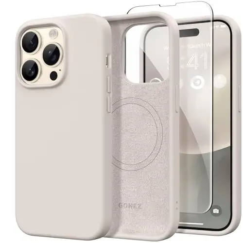 GONEZ Magnetic for iPhone 14 Pro Case, [Compatible with MagSafe] Anti-Scratch Microfiber Lining & Screen Protector, Shockproof Slim Phone Silicone Cover 6.1 inch, Stone 