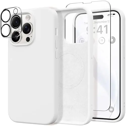 GONEZ for iPhone 14 Pro Case, Compatible with Magsafe, with Screen Protector + Camera Lens Protector, Soft Anti-Scratch Microfiber Lining, Shockproof Liquid Silicone Phone Cover, White 