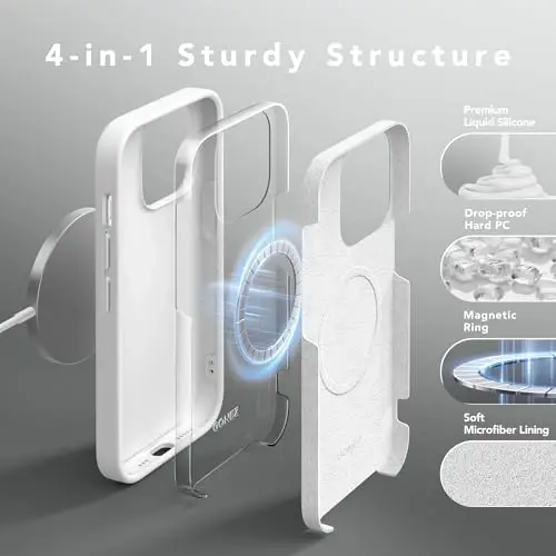 GONEZ for iPhone 14 Pro Case, Compatible with Magsafe, with Screen Protector + Camera Lens Protector, Soft Anti-Scratch Microfiber Lining, Shockproof Liquid Silicone Phone Cover, White - 5