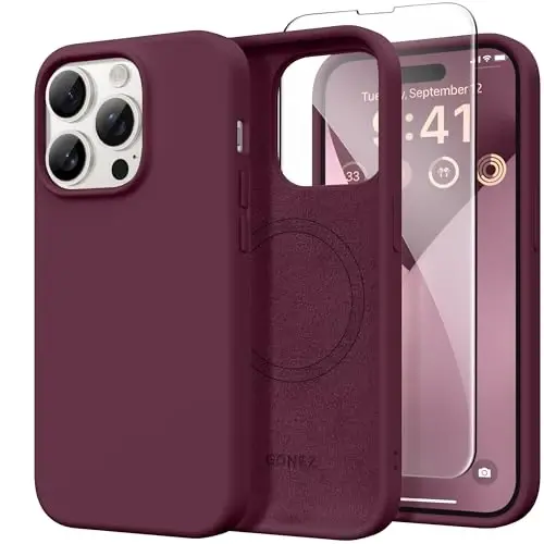 GONEZ Magnetic for iPhone 14 Pro Case, [Compatible with MagSafe] Anti-Scratch Microfiber Lining & Screen Protector, Shockproof Slim Phone Silicone Cover 6.1 inch, Wine Red - 5