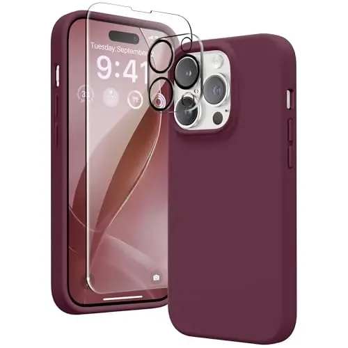 GONEZ for iPhone 14 Pro Case, Compatible with Magsafe, with Screen Protector + Camera Lens Protector, Soft Anti-Scratch Microfiber Lining, Shockproof Liquid Silicone Phone Cover, Wine Red 