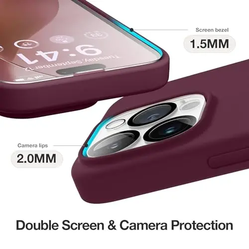 GONEZ for iPhone 14 Pro Case, Compatible with Magsafe, with Screen Protector + Camera Lens Protector, Soft Anti-Scratch Microfiber Lining, Shockproof Liquid Silicone Phone Cover, Wine Red - 4