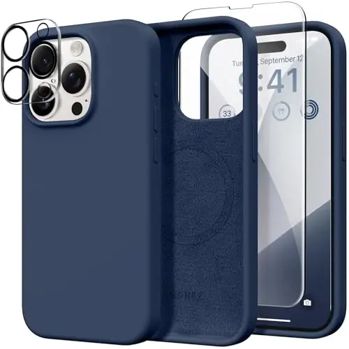 GONEZ for iPhone 15 Pro Max Case Silicone, Compatible with Magsafe, 2X Camera Protector + 2X Screen Protector, Soft Anti-Scratch Microfiber Lining, Liquid Silicone Shockproof Phone Cover, Dark Blue - 1