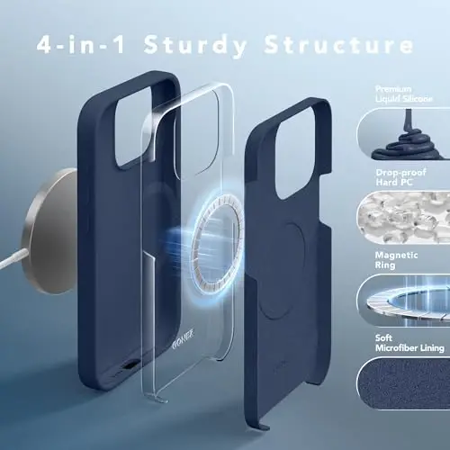 GONEZ for iPhone 15 Pro Max Case Silicone, Compatible with Magsafe, 2X Camera Protector + 2X Screen Protector, Soft Anti-Scratch Microfiber Lining, Liquid Silicone Shockproof Phone Cover, Dark Blue - 5
