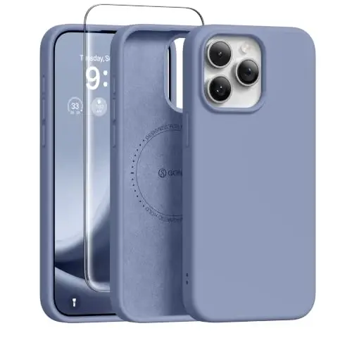 GONEZ Magnetic for iPhone 15 Pro Max Case, Silicone Cover Lavender Gray | Compatible with MagSafe, Camera Button & Screen Protector, Microfiber Lining, 3 Layers Soft Gel Rubber Shockproof Slim 6.7