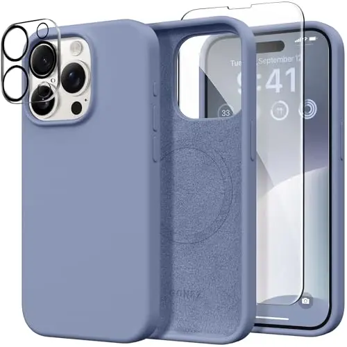 GONEZ for iPhone 15 Pro Max Case Silicone, Compatible with Magsafe, Camera Protector + Screen Protector, Anti-Scratch Microfiber Lining, Liquid Silicone Shockproof Phone Cover, Lavender Gray - 1