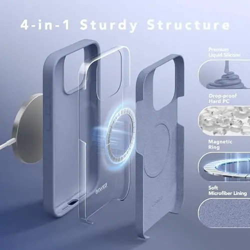 GONEZ for iPhone 15 Pro Max Case Silicone, Compatible with Magsafe, Camera Protector + Screen Protector, Anti-Scratch Microfiber Lining, Liquid Silicone Shockproof Phone Cover, Lavender Gray - 5