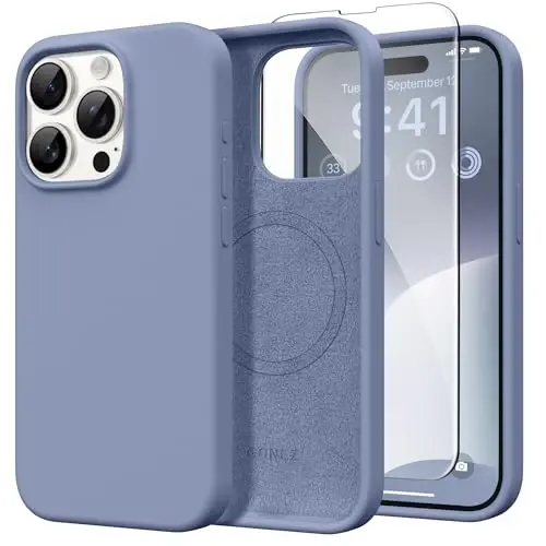 GONEZ Magnetic for iPhone 15 Pro Max Case, [Compatible with MagSafe] Anti-Scratch Microfiber Lining & Screen Protector, Shockproof Slim Phone Silicone Cover 6.7 inch, Lavender Gray 