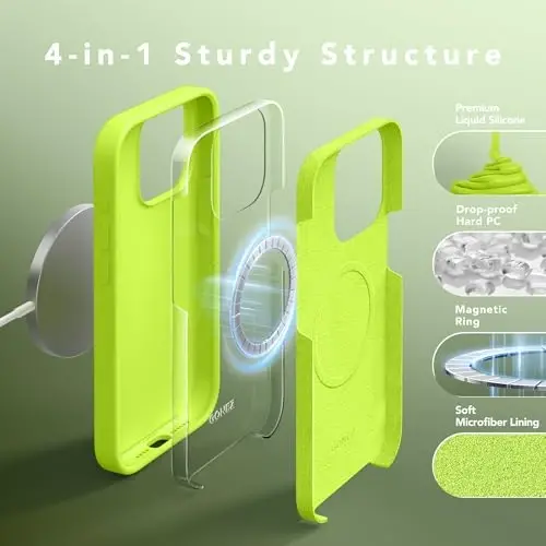 GONEZ for iPhone 15 Pro Max Case Silicone, Compatible with Magsafe, Camera Protector + Screen Protector, Anti-Scratch Microfiber Lining, Liquid Silicone Shockproof Phone Cover,Fluorescence Green - 5