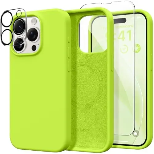 GONEZ for iPhone 15 Pro Max Case Silicone, Compatible with Magsafe, Camera Protector + Screen Protector, Anti-Scratch Microfiber Lining, Liquid Silicone Shockproof Phone Cover,Fluorescence Green 
