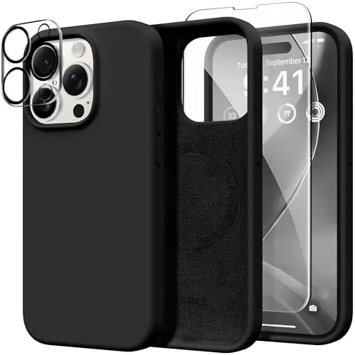 GONEZ for iPhone 15 Pro Max Case Silicone, Compatible with Magsafe, Camera Protector + Screen Protector, Soft Anti-Scratch Microfiber Lining, Liquid Silicone Shockproof Phone Cover, Black 