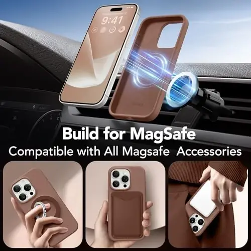 GONEZ for iPhone 15 Pro Max Case Silicone, Compatible with Magsafe, Camera Protector + Screen Protector, Soft Anti-Scratch Microfiber Lining, Liquid Silicone Shockproof Phone Cover, Brown - 4